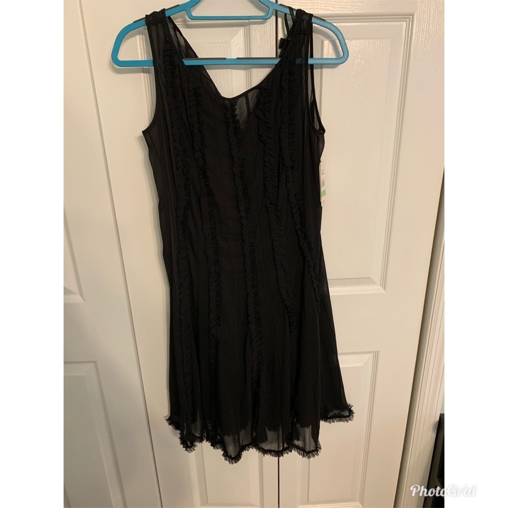 Black Sleeveless V-Neck‎ Ruffle Trim A-Line Dress Party Cocktail